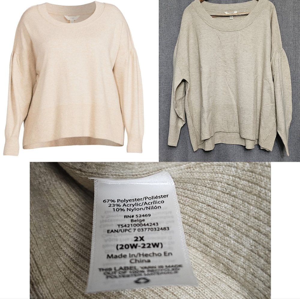 Terra & Sky Plus Size Crewneck Sweater Lightweight Oatmeal marl 2X New